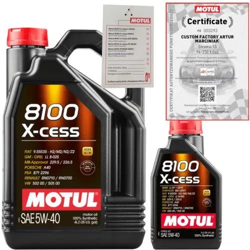 Łatwy zwrot MOTUL 8100 X-CESS 5W40 A3/B4 5L BMW LL-01 VW 502 00/ 505 00 + ZAWIESZKA